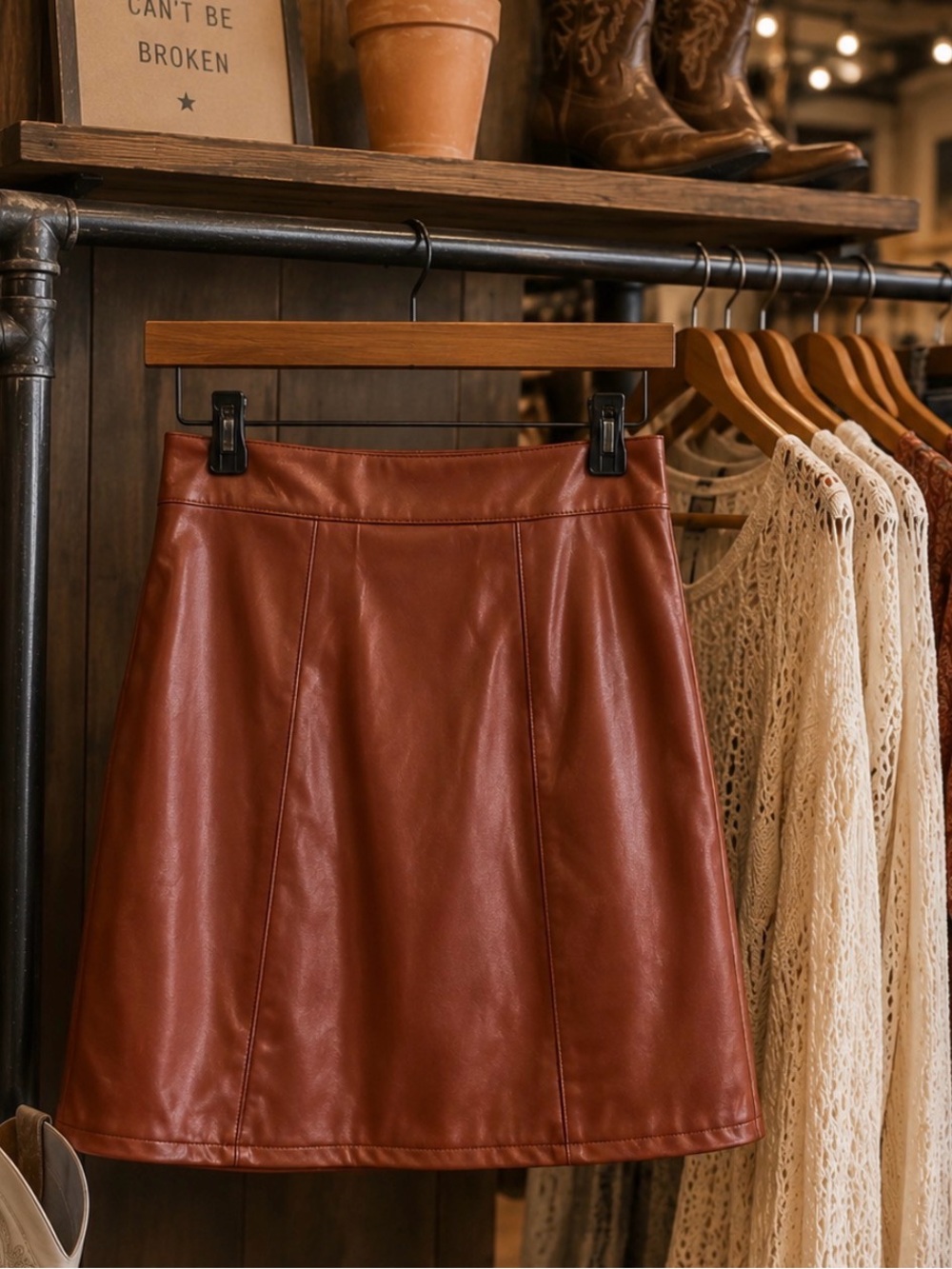 Women's Faux Leather A-Line Mini Skirt in Rust